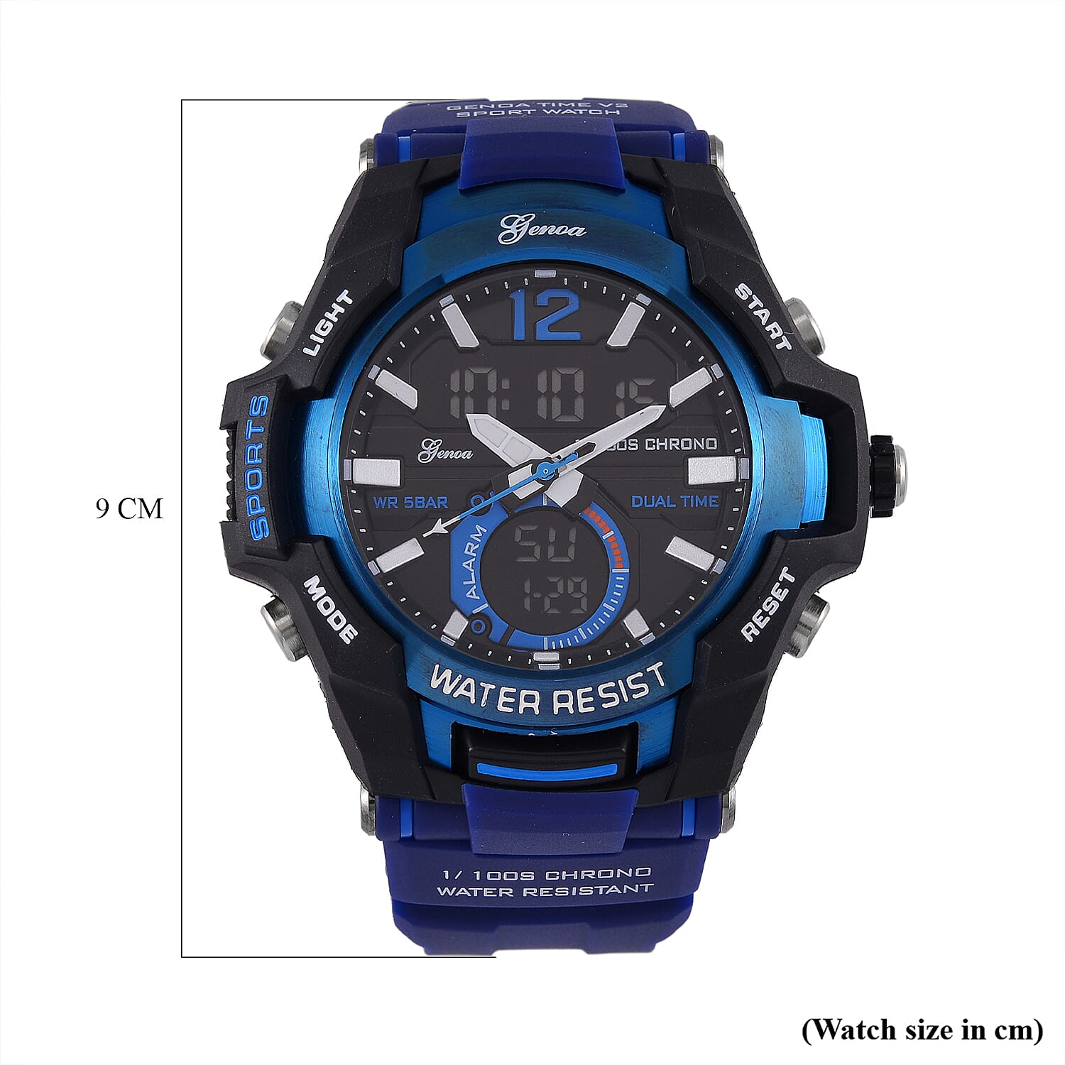 GENOA TIME V2 PC21S-Japanese & Electronic Movt. 5ATM Water Resistant Black Multifunctional Literal with LED Mens Watch with Blue Strap & Stainless Steel Buckle GENOA TIME V2 PC21S-Japanese & Electronic Movt. 5ATM Water Resistant Black Multifunctional Literal with LED Mens Watch with Blue Strap & Stainless Steel Buckle
