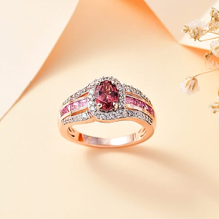 Tanzanian Blush Garnet, Pink Sapphire, White Zircon Ring in 18K Rose Gold Vermeil Plated Sterling Silver, 1.761  Ct.