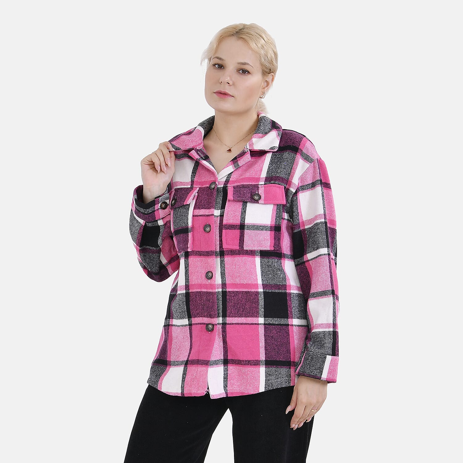 La Marey Check Pattern Long Length Shirt (Size S) - Pink