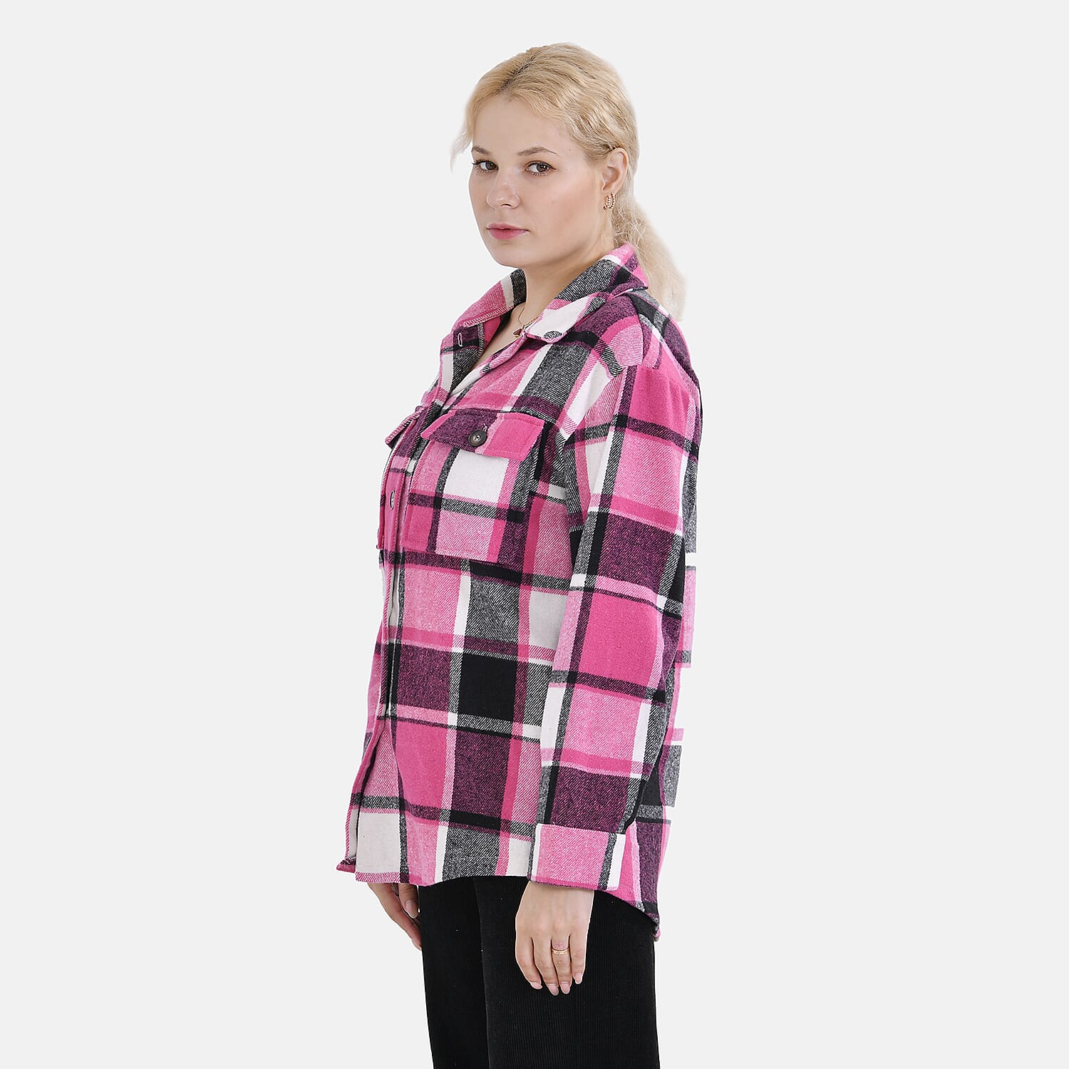 La Marey Check Pattern Long Length Shirt (Size S) - Pink