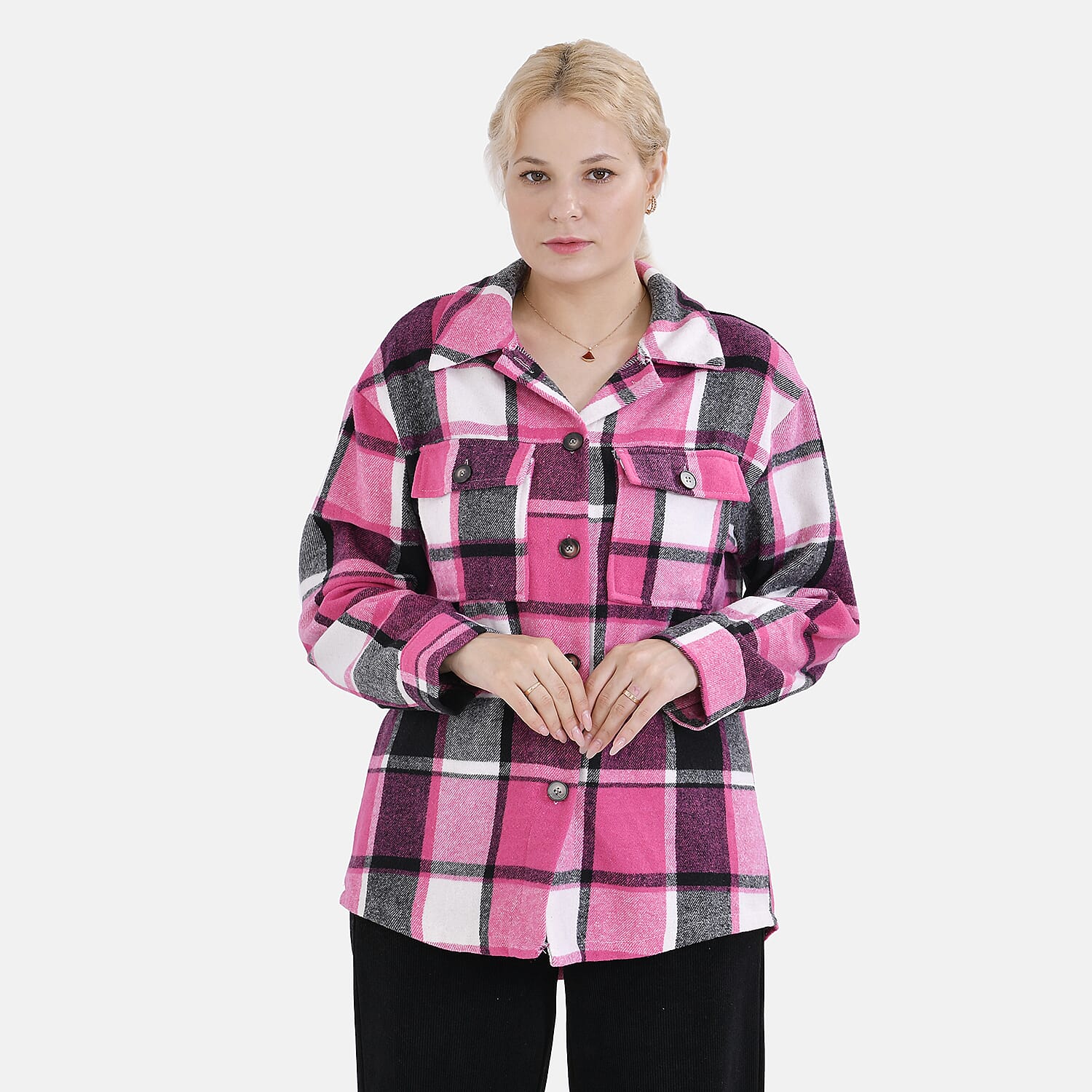 La Marey Check Pattern Long Length Shirt (Size S) - Pink