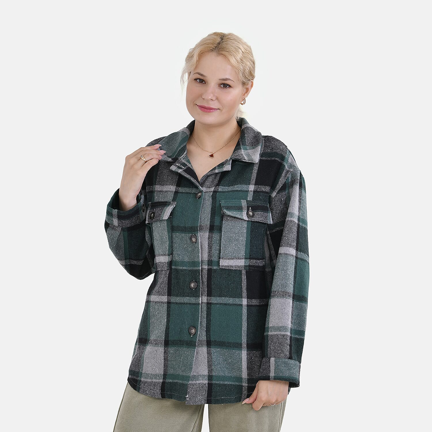 La Marey Check Pattern Long Length Shirt (Size M) - Green