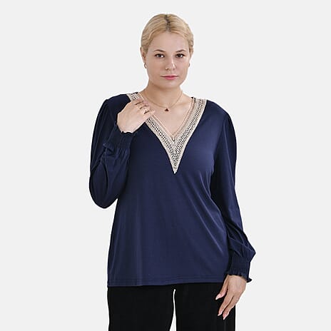 La Marey Lace V-Neck Long Sleeve Top (Size S) - Navy