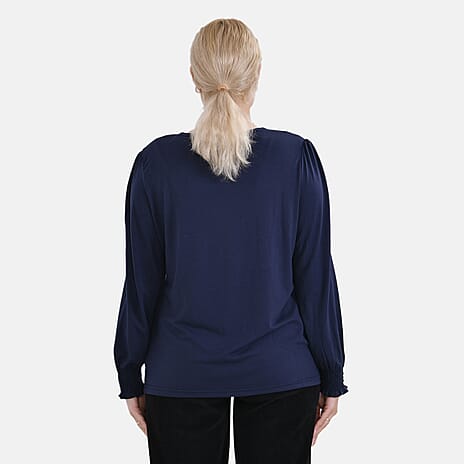 La Marey Lace V-Neck Long Sleeve Top (Size S) - Navy