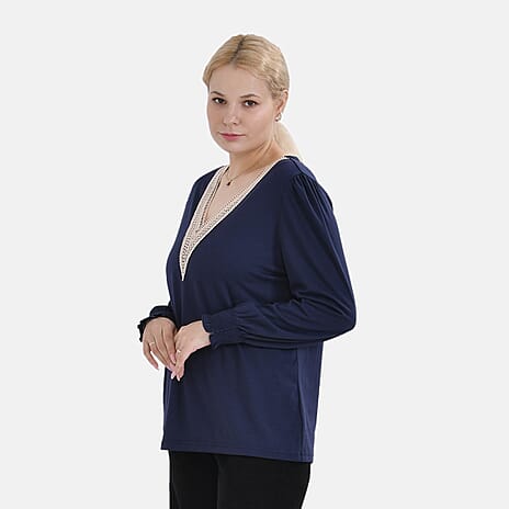 La Marey Lace V-Neck Long Sleeve Top (Size S) - Navy