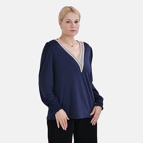 La Marey Lace V-Neck Long Sleeve Top (Size S) - Navy