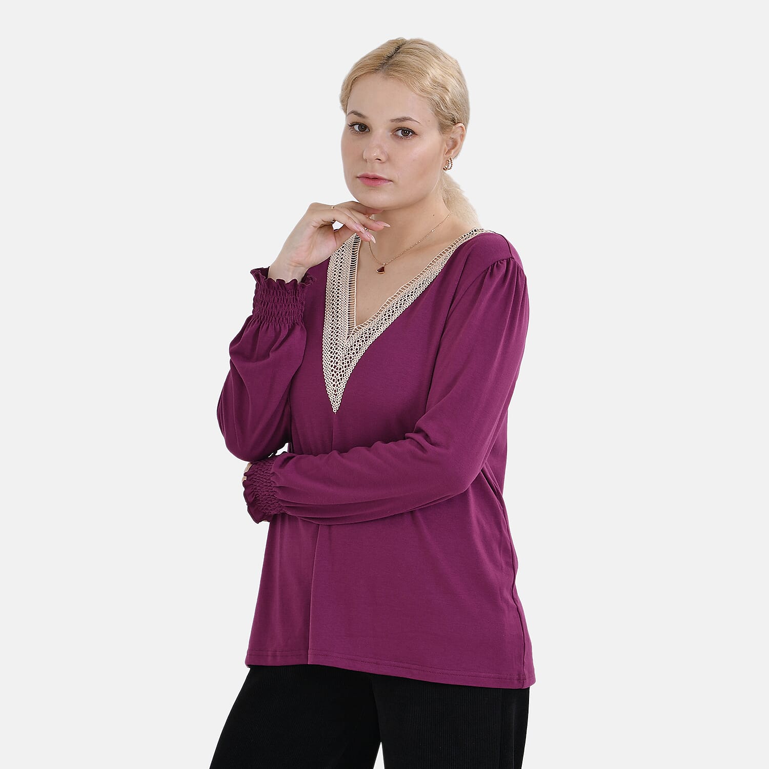 La Marey Lace V-Neck Long Sleeve Top
