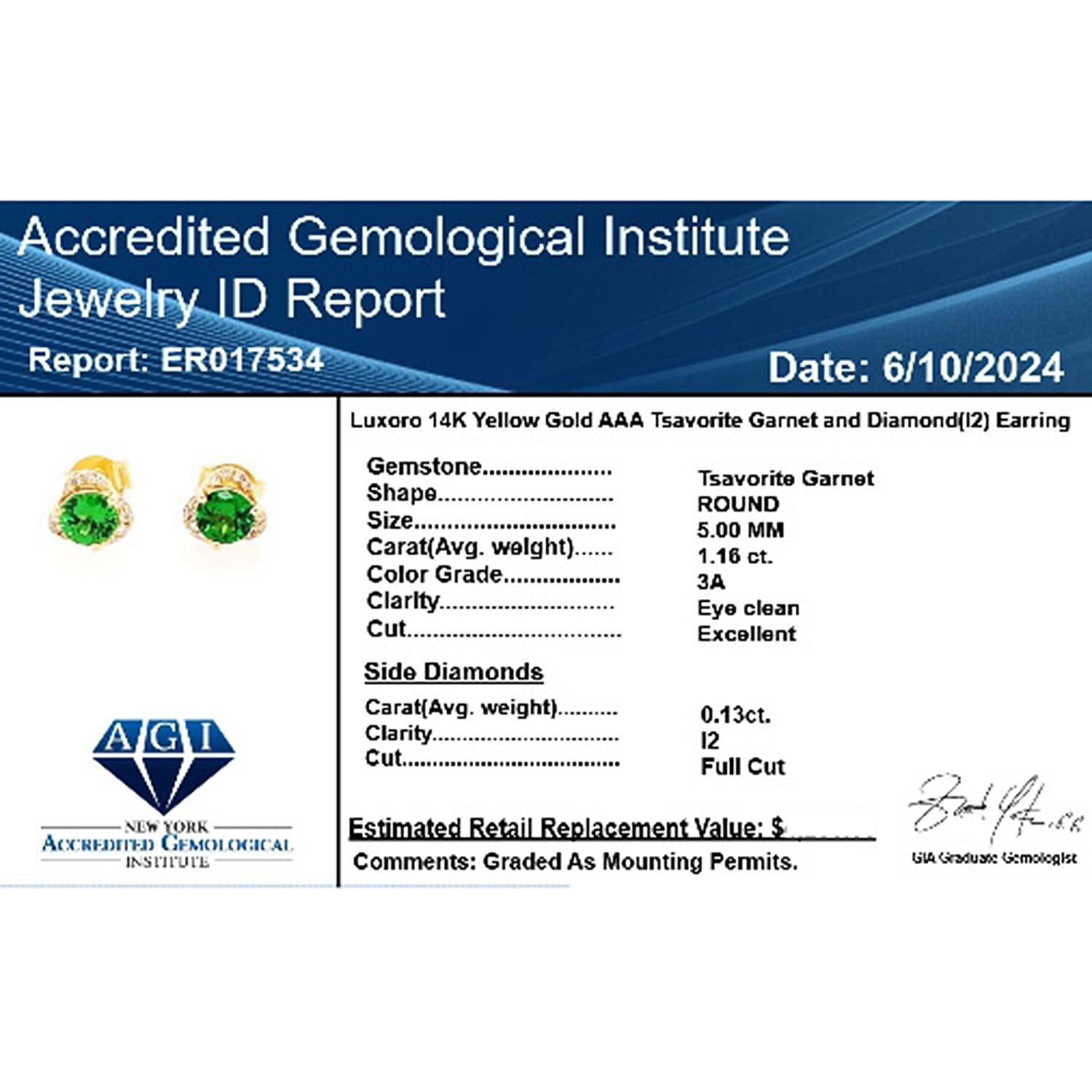 Luxoro 14K Yellow Gold AGI Certified AAA Tsavorite Garnet & White Diamond (I2-G-H) Push Back Earrings 1.29 Ct. Luxoro 14K Yellow Gold AGI Certified AAA Tsavorite Garnet & White Diamond (I2-G-H) Push Back Earrings 1.29 Ct.