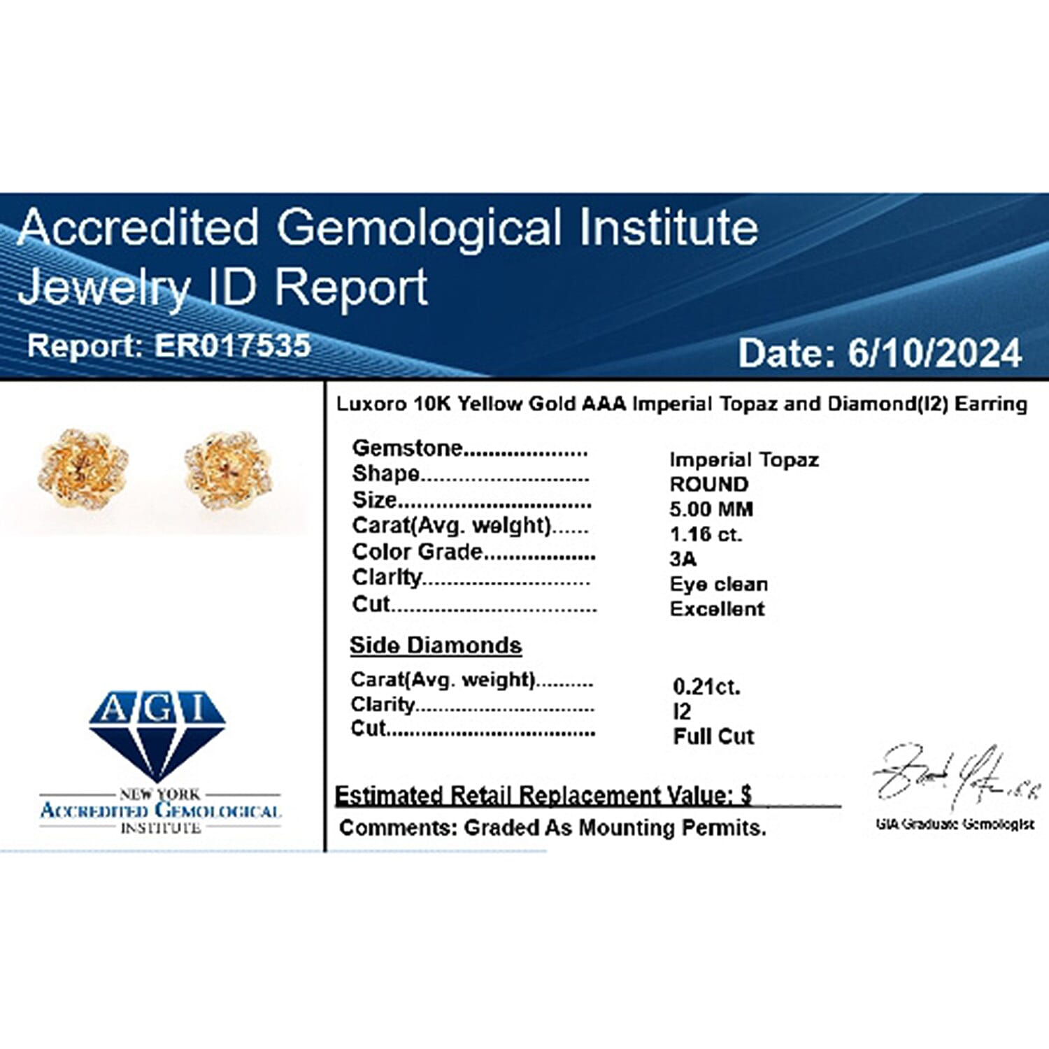 10K Yellow Gold AAA Imperial Topaz , White Diamond I2 Earring 1.37 ct, Gold Wt. 2.67 Gms 1.370 Ct. 10K Yellow Gold AAA Imperial Topaz , White Diamond I2 Earring 1.37 ct, Gold Wt. 2.67 Gms 1.370 Ct.