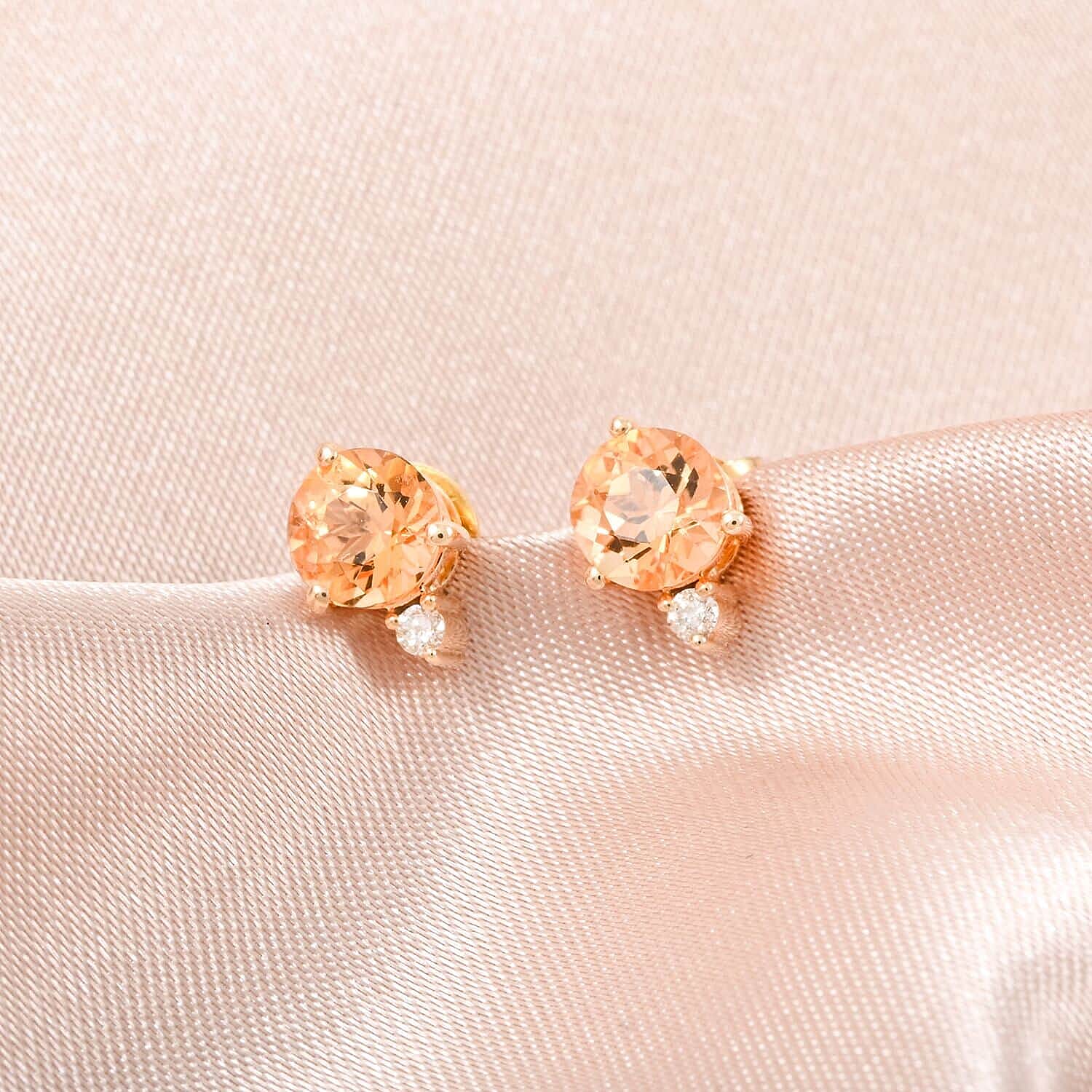 LUXORO 9K Yellow Gold AGI Certified AAA Imperial Topaz & White Diamond Earring 1.20 Ct.