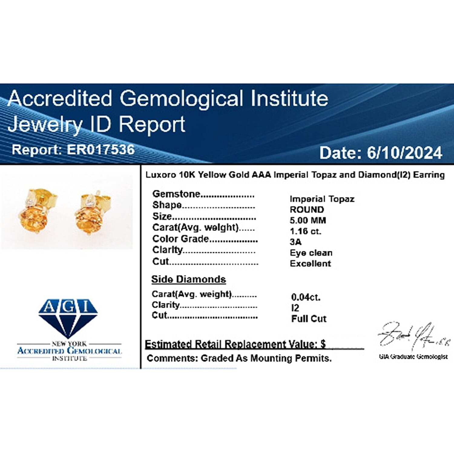 LUXORO 9K Yellow Gold AGI Certified AAA Imperial Topaz & White Diamond Earring 1.20 Ct.