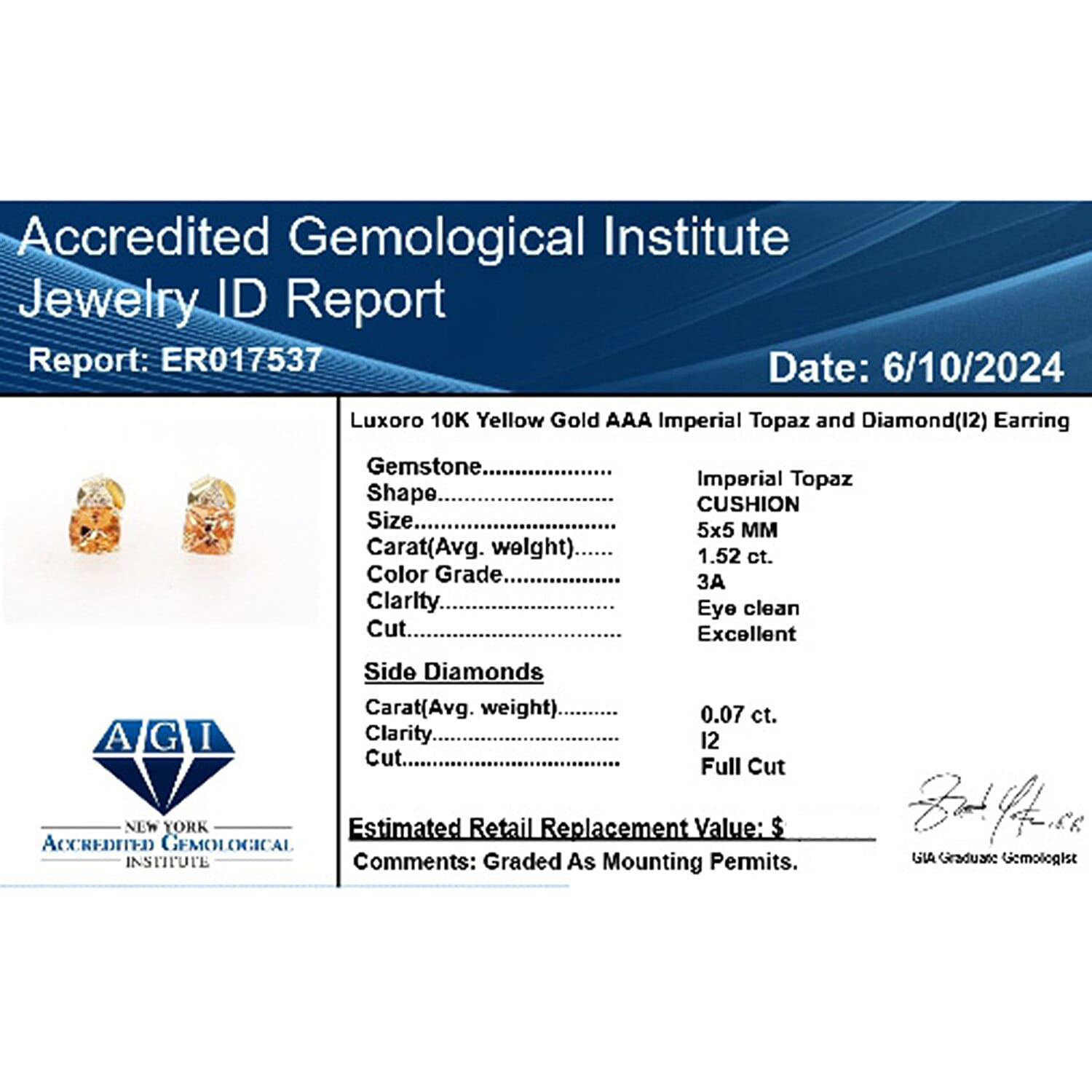 10K Yellow Gold AAA Imperial Topaz , White Diamond I2 Earring 1.59 ct, Gold Wt. 1.24 Gms 1.590 Ct. 10K Yellow Gold AAA Imperial Topaz , White Diamond I2 Earring 1.59 ct, Gold Wt. 1.24 Gms 1.590 Ct.