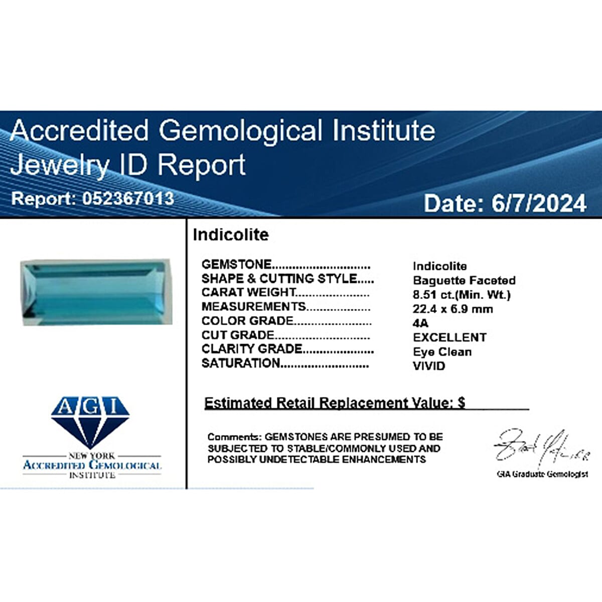 Certified and Appraised AAAA Monte Belo Indicolite Loose Gemstone (Bgt Shape) 8.51 ct. Certified and Appraised AAAA Monte Belo Indicolite Loose Gemstone (Bgt Shape) 8.51 ct.