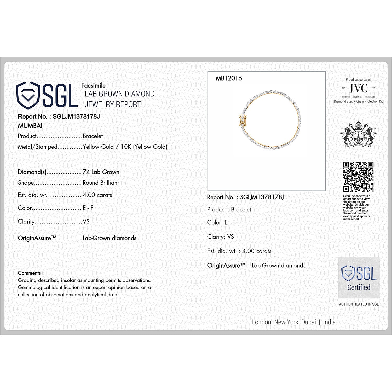 Luxuriant Diamond - 9K Yellow Gold SGL Certified Lab Grown Diamond (VS-E-F) Bracelet (Size - 7) 4.00 Ct. , Gold wt. 7.2 gms