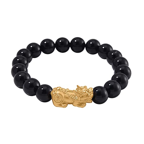 Black Tourmaline Beads Bracelet (Size 7-7.5) with Pixiu in Yellow Glold Overlay Sterling Silver 120.00 Ct