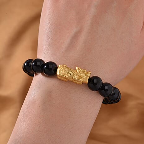 Black Tourmaline Beads Bracelet (Size 7-7.5) with Pixiu in Yellow Glold Overlay Sterling Silver 120.00 Ct