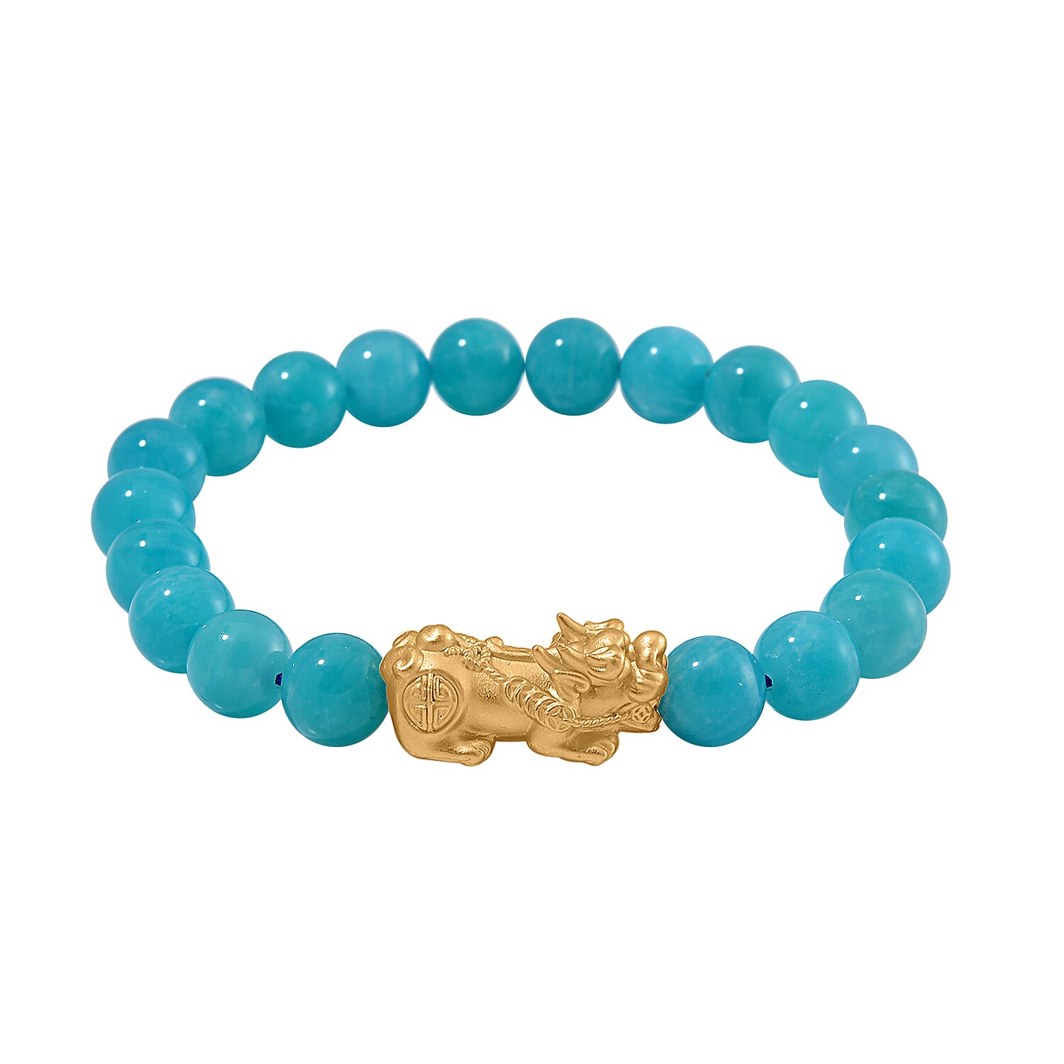 Amazonite Stretchable Beads Bracelet (Size 7-7.5) with Pixiu in Yellow Glold Overlay Sterling Silver 120.00 Ct