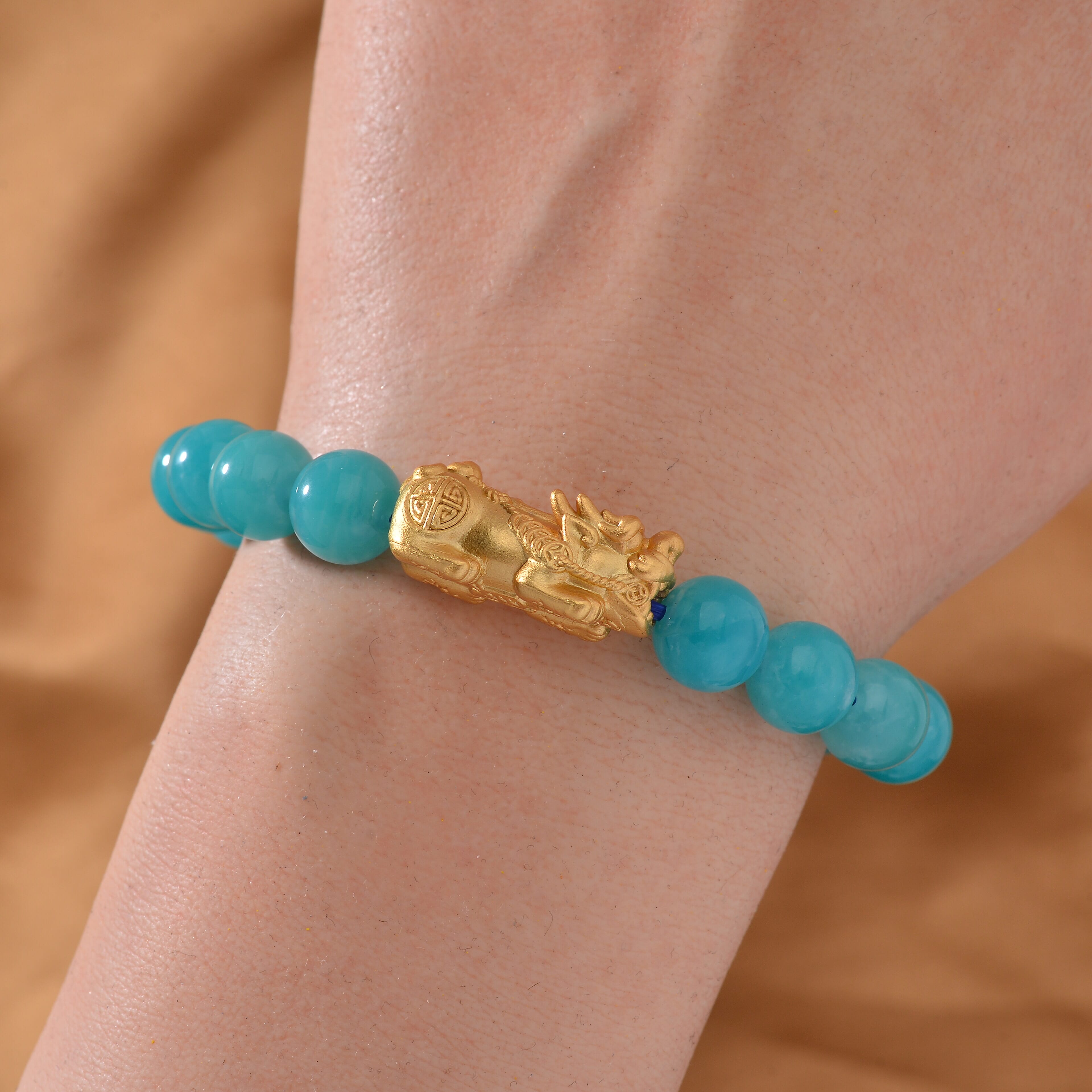 Amazonite Stretchable Beads Bracelet (Size 7-7.5) with Pixiu in Yellow Glold Overlay Sterling Silver 120.00 Ct