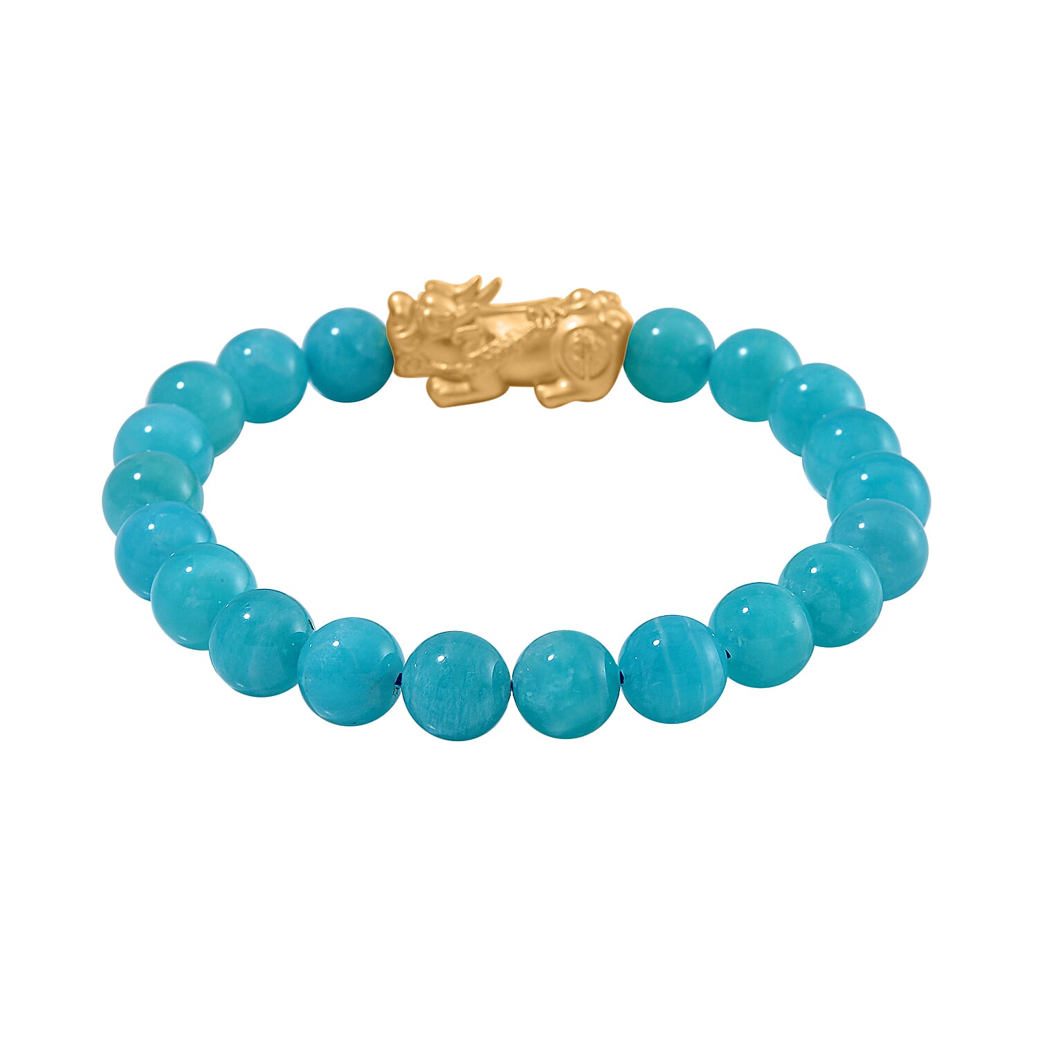 Amazonite Stretchable Beads Bracelet (Size 7-7.5) with Pixiu in Yellow Glold Overlay Sterling Silver 120.00 Ct