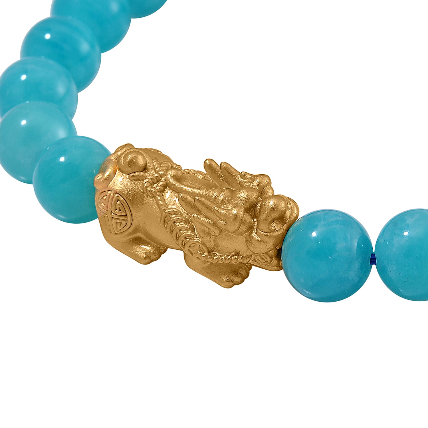 Amazonite Stretchable Beads Bracelet (Size 7-7.5) with Pixiu in Yellow Glold Overlay Sterling Silver 120.00 Ct