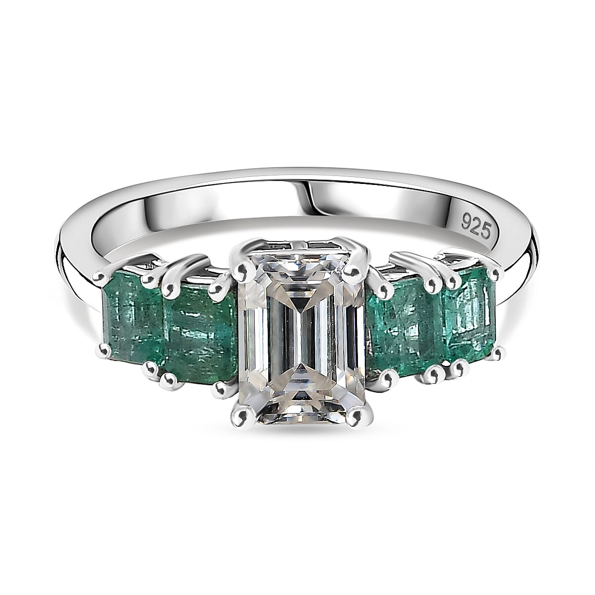 Emerald Cut Moissanite and AAA Gemfield Zambian Emerald  Ring in Platinum Overlay Sterling Silver. Total wt 2.00  Cts