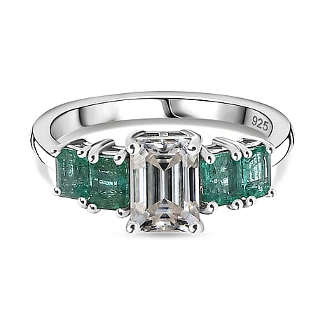 Emerald Cut Moissanite and AAA Gemfield Zambian Emerald Ring in Platinum Overlay Sterling Silver. Total wt 2.00 Cts