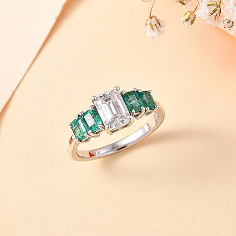 Emerald Cut Moissanite and AAA Gemfield Zambian Emerald Ring in Platinum Overlay Sterling Silver. Total wt 2.00 Cts