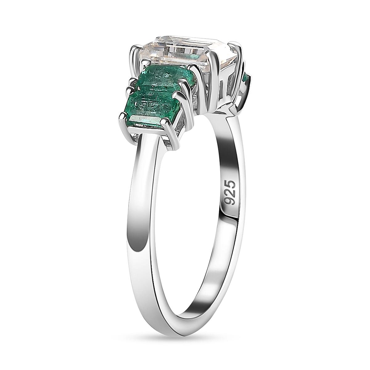 Emerald Cut Moissanite and AAA Gemfield Zambian Emerald  Ring in Platinum Overlay Sterling Silver. Total wt 2.00  Cts