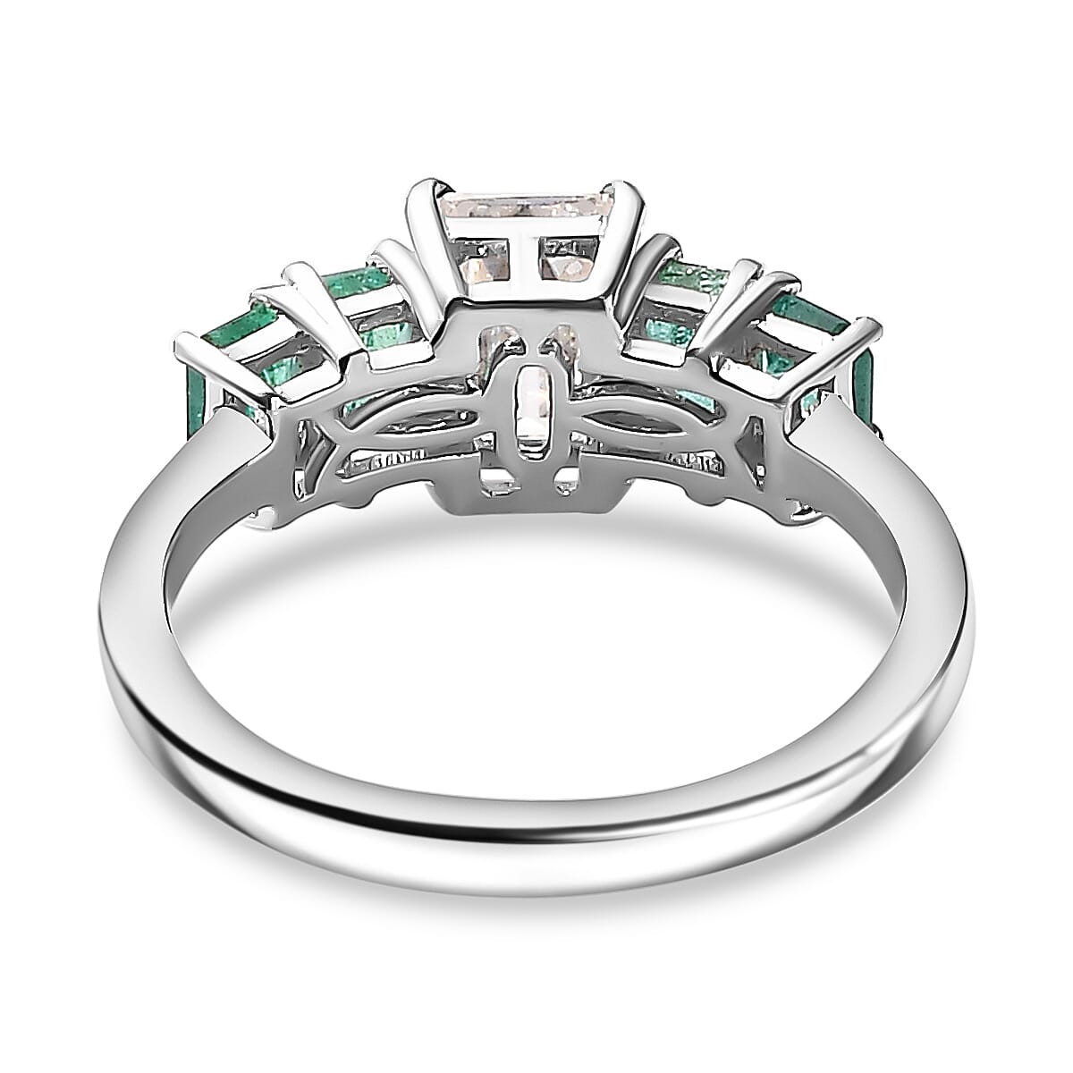 Emerald Cut Moissanite and AAA Gemfield Zambian Emerald  Ring in Platinum Overlay Sterling Silver. Total wt 2.00  Cts