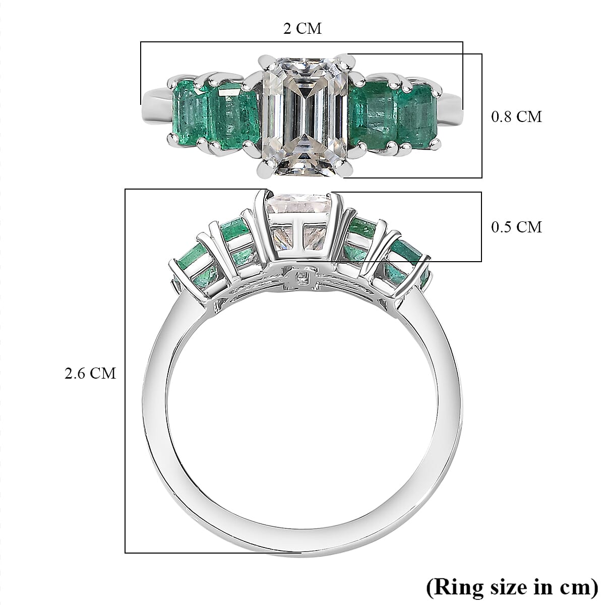 Emerald Cut Moissanite and AAA Gemfield Zambian Emerald  Ring in Platinum Overlay Sterling Silver. Total wt 2.00  Cts