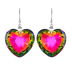 Multi Colour Crystal Heart Earrings and Necklace (Size - 24) in Pure White Stainless Steel