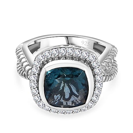 Teal Fluorite & Natural Zircon Halo Ring in Rhodium Overlay Sterling Silver 5.50 Ct.