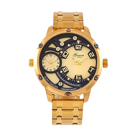 Designer Inspired - Genoa Time V2 Japanes Movement 3ATM WR Black Hydraulic Dial IPG Case Mens Watch with Gold Colour Stainless Steel Chain Strap