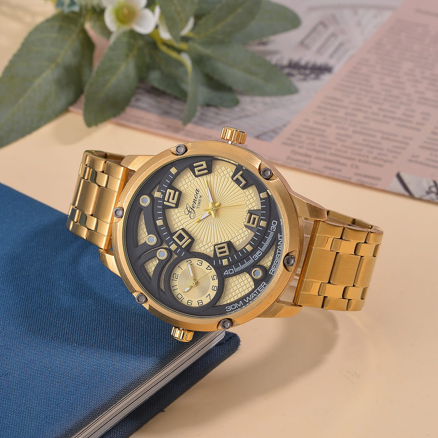 Designer Inspired - Genoa Time V2 Japanes Movement 3ATM WR Black Hydraulic Dial IPG Case Mens Watch with Gold Colour Stainless Steel Chain Strap