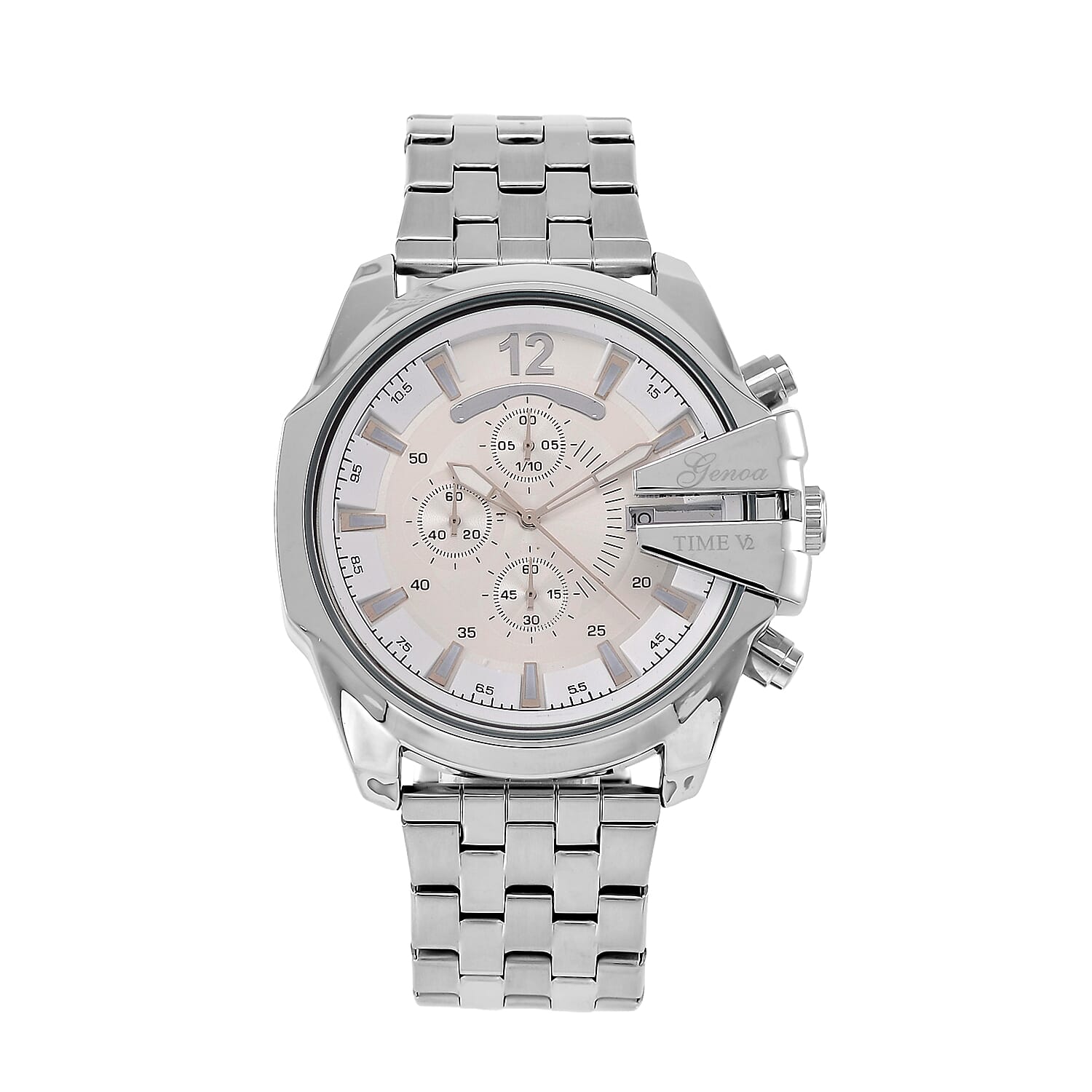 GENOA Multi-function Movt. 3ATM WR White Dial Watch with Stainless Steel Chain Strap in Silver Tone