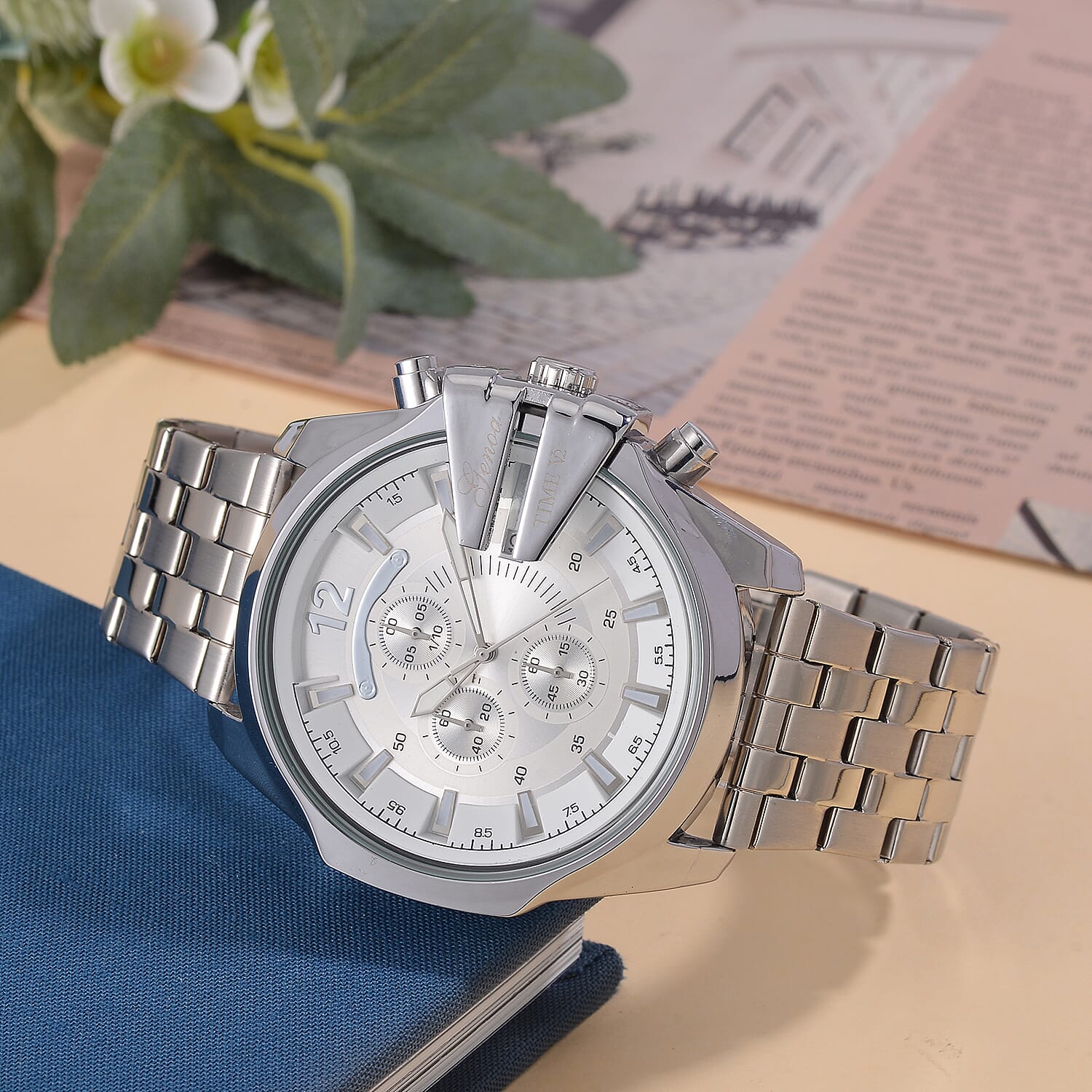 GENOA Multi-function Movt. 3ATM WR White Dial Watch with Stainless Steel Chain Strap in Silver Tone