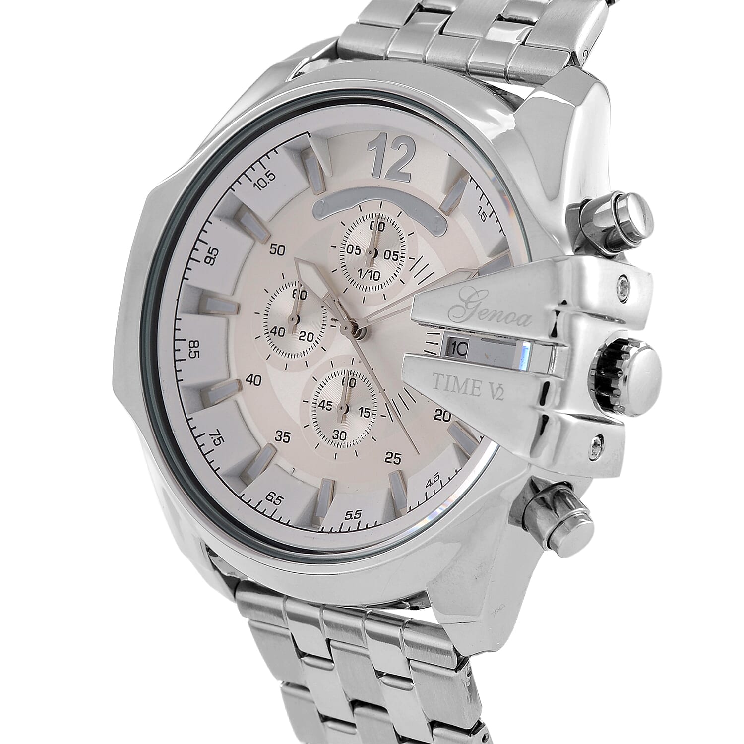 GENOA Multi-function Movt. 3ATM WR White Dial Watch with Stainless Steel Chain Strap in Silver Tone