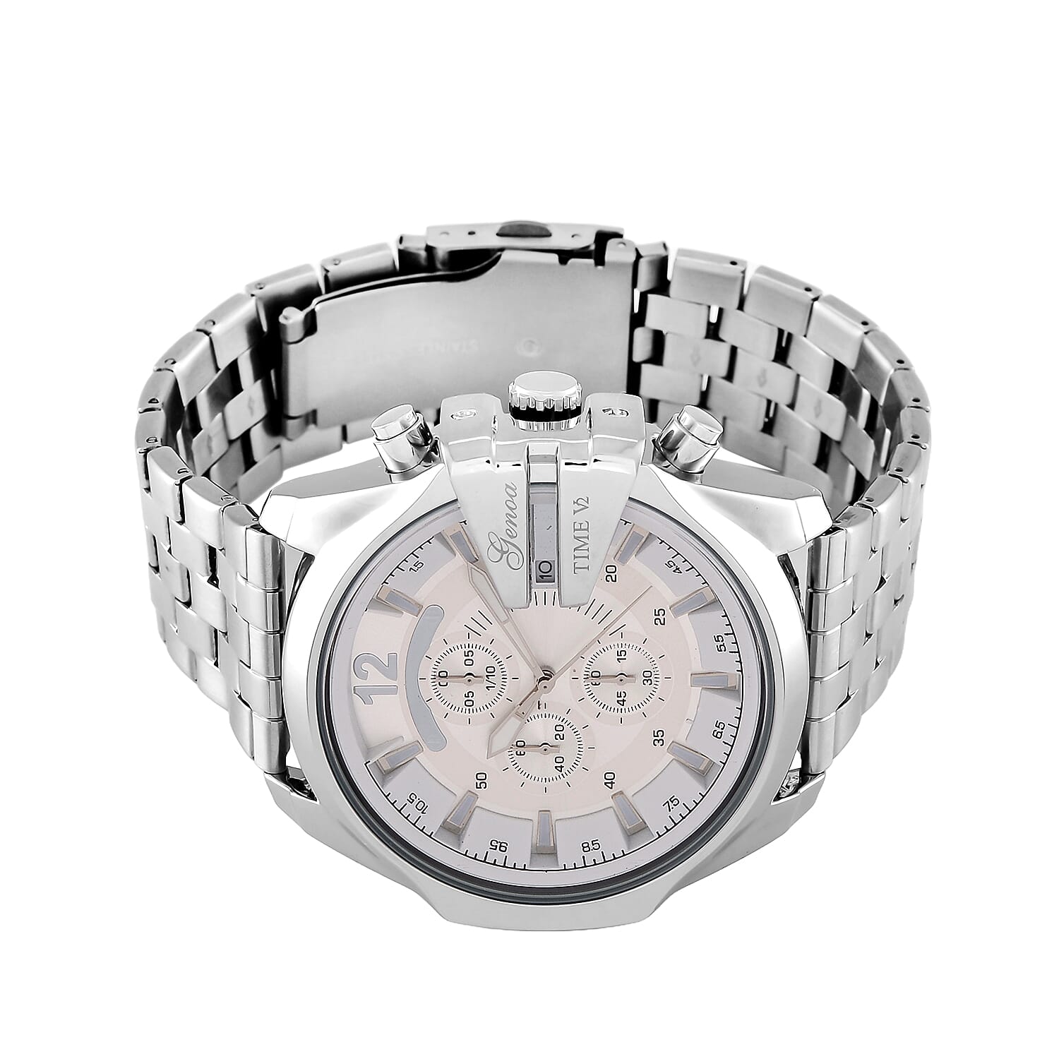 GENOA Multi-function Movt. 3ATM WR White Dial Watch with Stainless Steel Chain Strap in Silver Tone