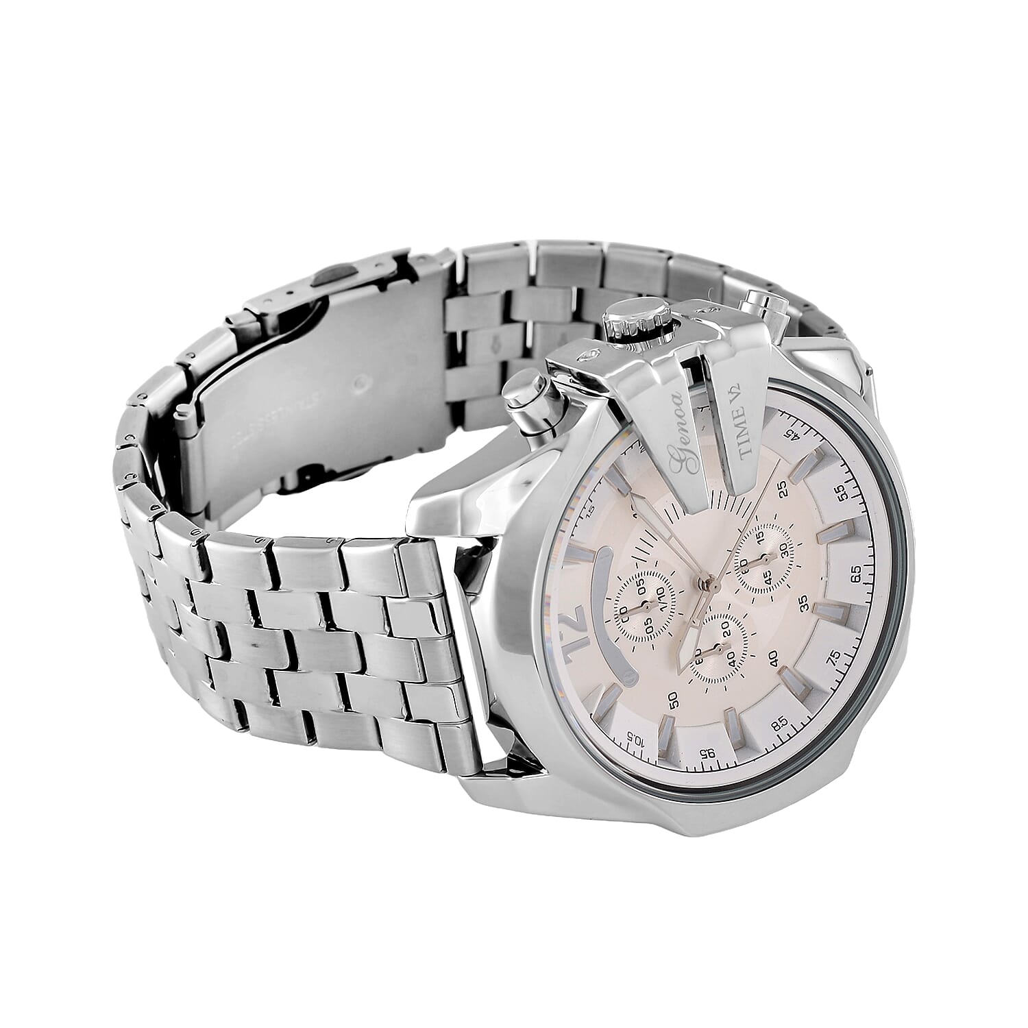 GENOA Multi-function Movt. 3ATM WR White Dial Watch with Stainless Steel Chain Strap in Silver Tone