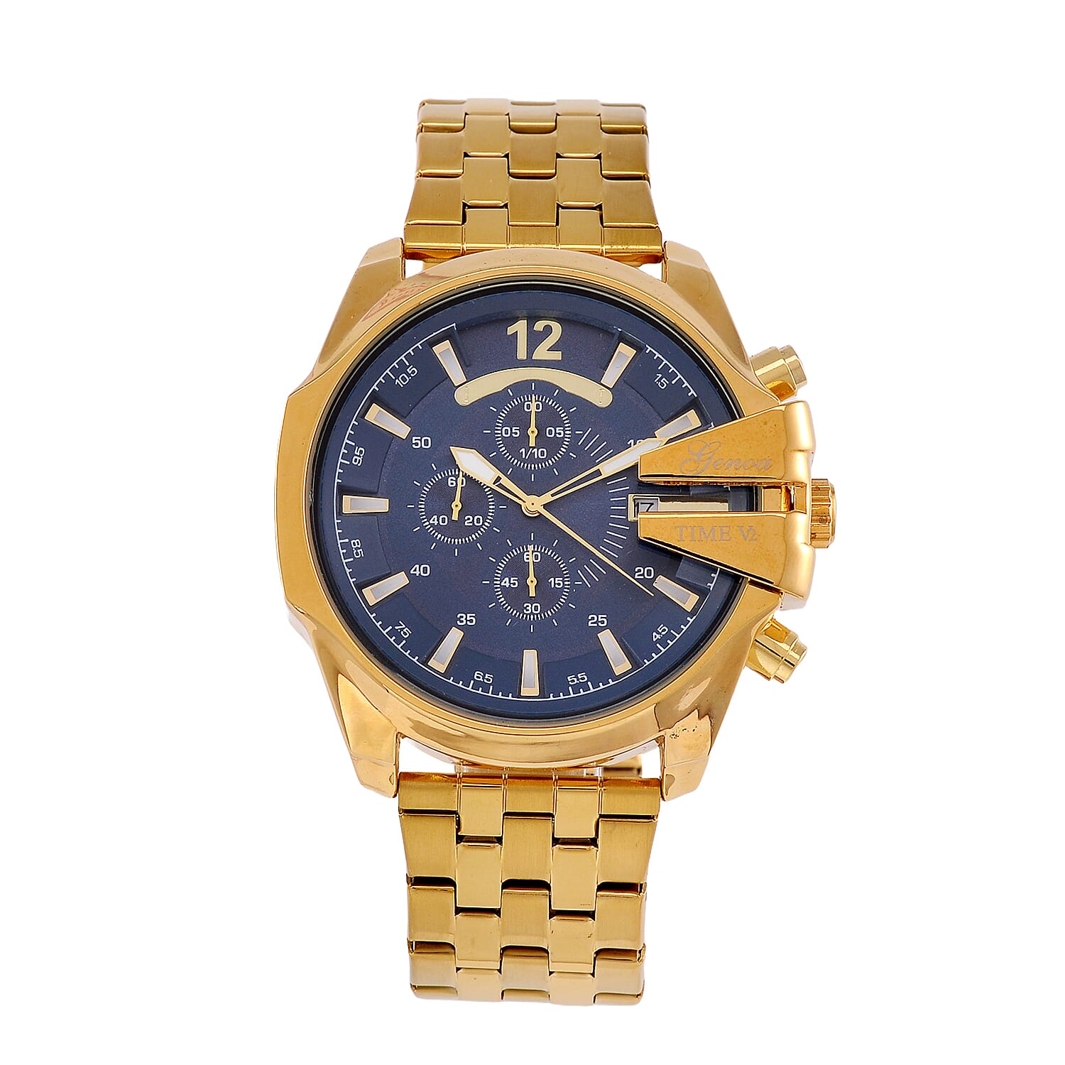 GENOA TIME V2 PE90 Multi-function Movement 3ATM Water Resistant Blue Multi-function Sunshine Dial Watch with Gold Colour Stainless Steel Chain Strap