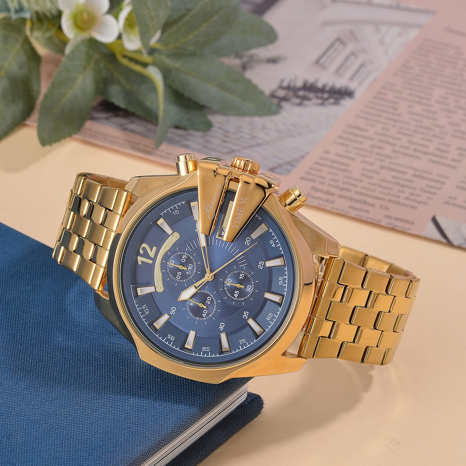 GENOA TIME V2 PE90 Multi-function Movement 3ATM Water Resistant Blue Multi-function Sunshine Dial Watch with Gold Colour Stainless Steel Chain Strap