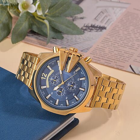 GENOA TIME V2 PE90 Multi-function Movement 3ATM Water Resistant Blue Multi-function Sunshine Dial Watch with Gold Colour Stainless Steel Chain Strap