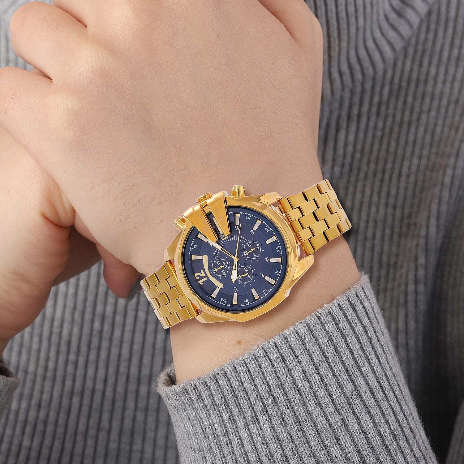 GENOA TIME V2 PE90 Multi-function Movement 3ATM Water Resistant Blue Multi-function Sunshine Dial Watch with Gold Colour Stainless Steel Chain Strap