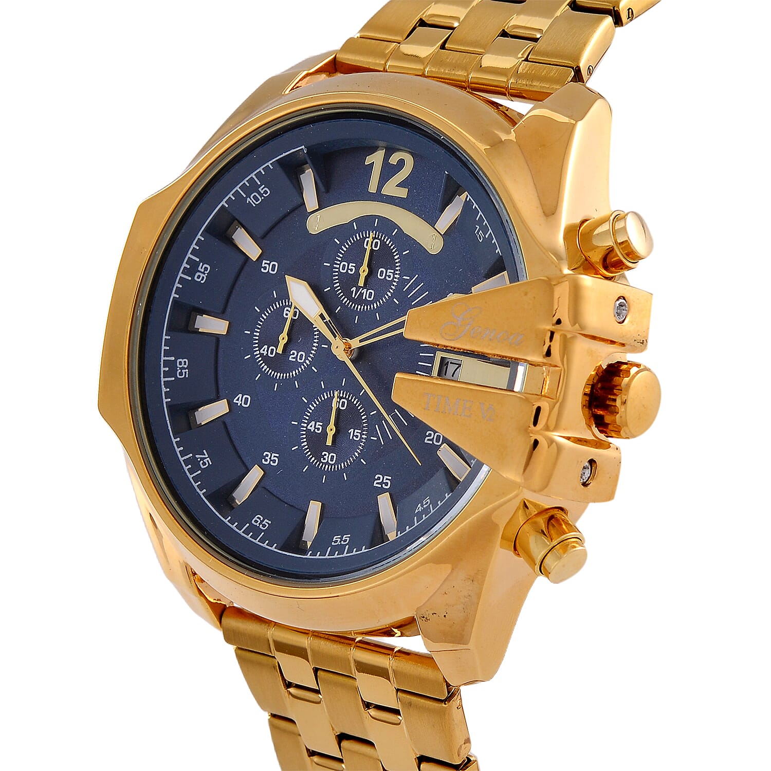 GENOA TIME V2 PE90 Multi-function Movement 3ATM Water Resistant Blue Multi-function Sunshine Dial Watch with Gold Colour Stainless Steel Chain Strap