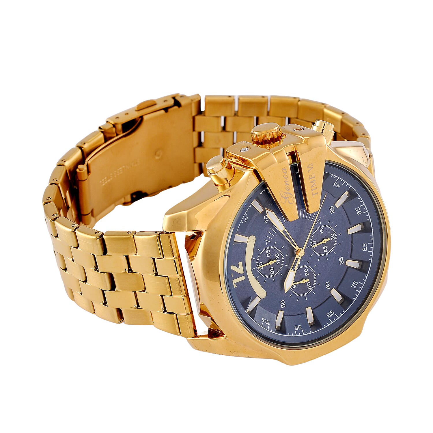 GENOA TIME V2 PE90 Multi-function Movement 3ATM Water Resistant Blue Multi-function Sunshine Dial Watch with Gold Colour Stainless Steel Chain Strap