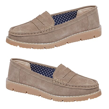 Jo - Joe Ladies SHORE Leather Suede Saddle Trim Loafer (Size 4) - Latte