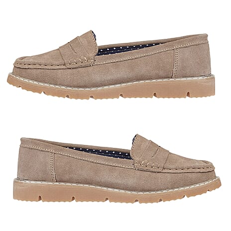 Jo - Joe Ladies SHORE Leather Suede Saddle Trim Loafer (Size 4) - Latte