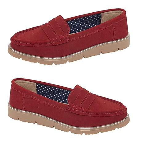 Jo - Joe Ladies SHORE Leather Suede Saddle Trim Loafer (Size 5) - Red