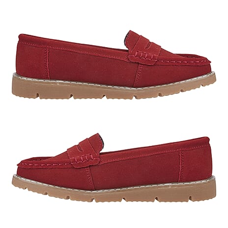 Jo - Joe Ladies SHORE Leather Suede Saddle Trim Loafer (Size 5) - Red