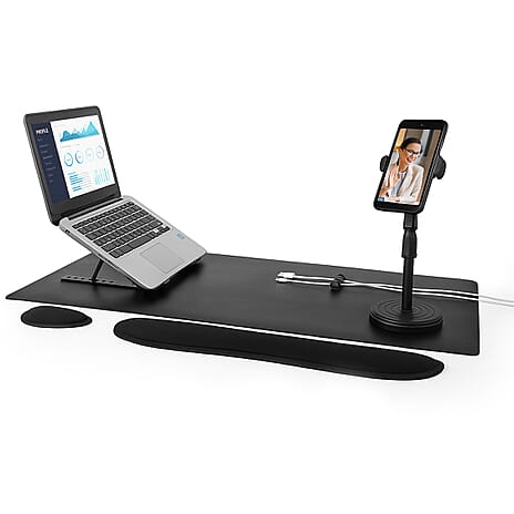 INTEMPO Studio 6 in 1 Set (Desk Mat, Laptop Riser, Cable Tidy, 2 Wrist Support & Phone Holder) - Black